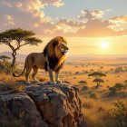 Adult Male Lion on Rock with Acacia Tree Background