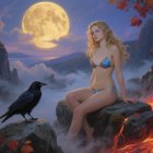 Mystical Landscape with Woman, Raven, and Glowing Moon