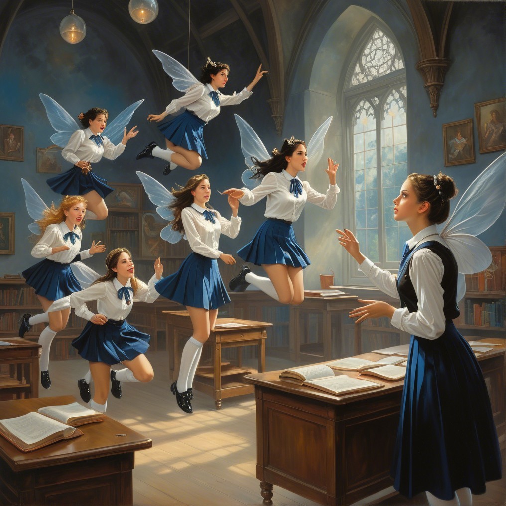 Fairies in Library with Arched Window and Bookshelves