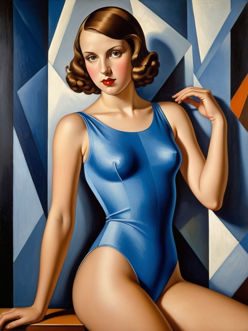 Glamorous 1930s Woman in Blue Swimsuit Artwork