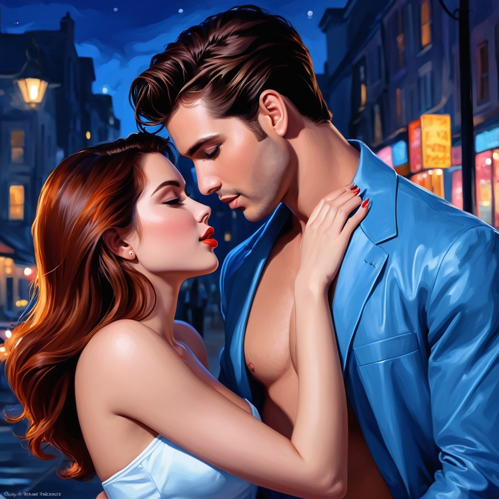 Couple Embracing Under Starlit Sky in Dimly Lit Street