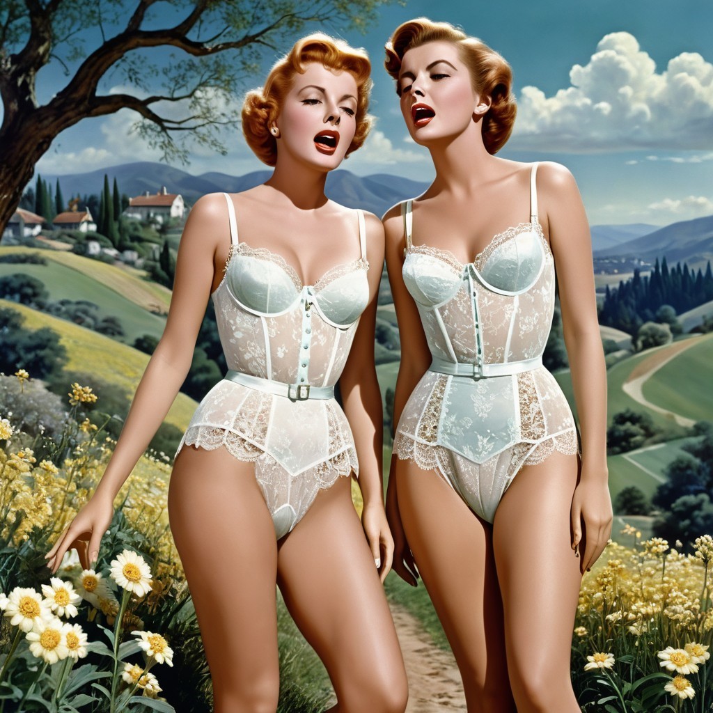 Elegant Women in Vintage Lingerie in Countryside Setting