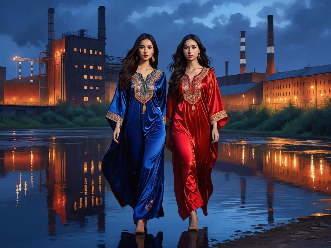 Women in Colorful Kaftans by Industrial Complex at Dusk