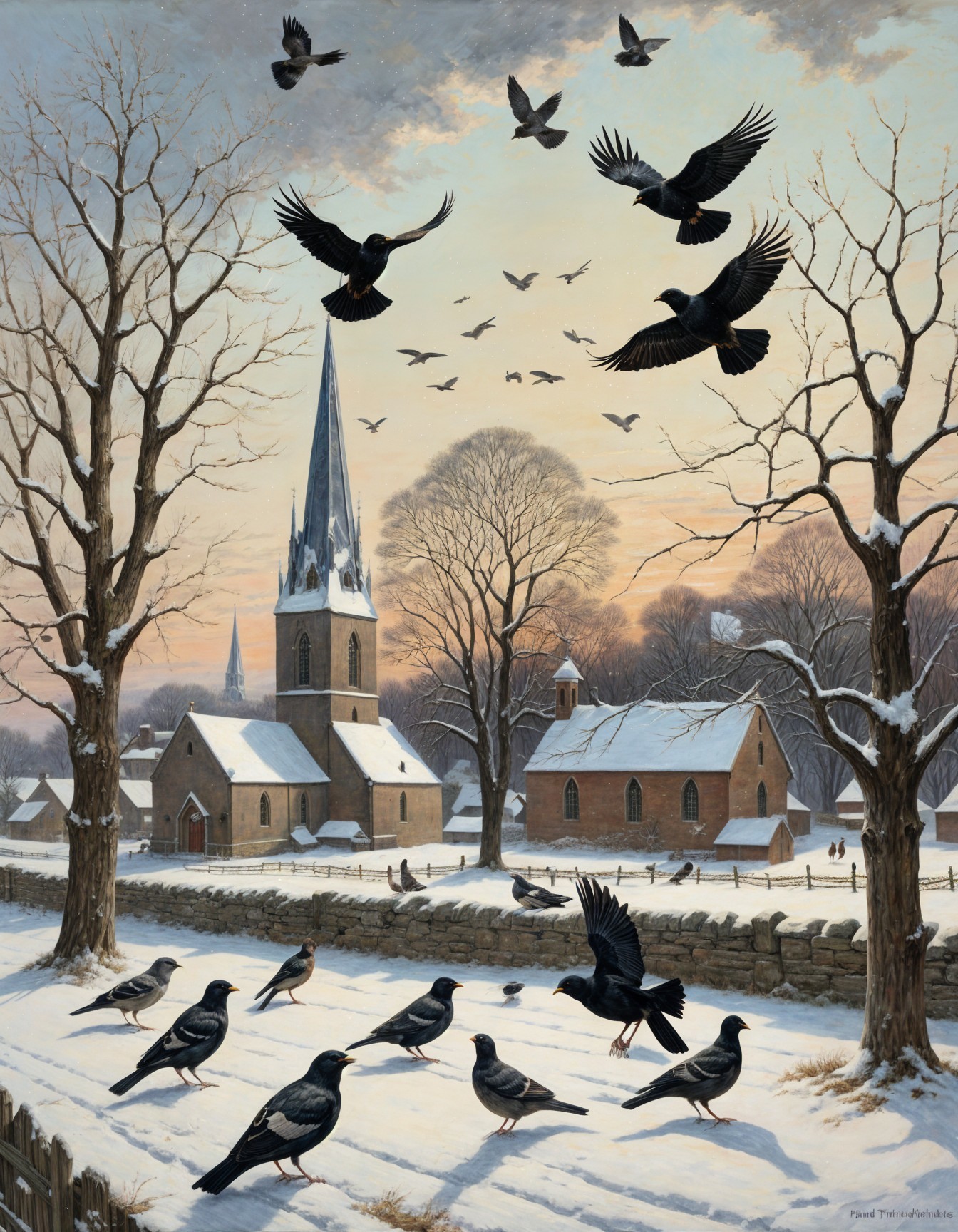 Tranquil Winter Village Scene with Snow and Sunset