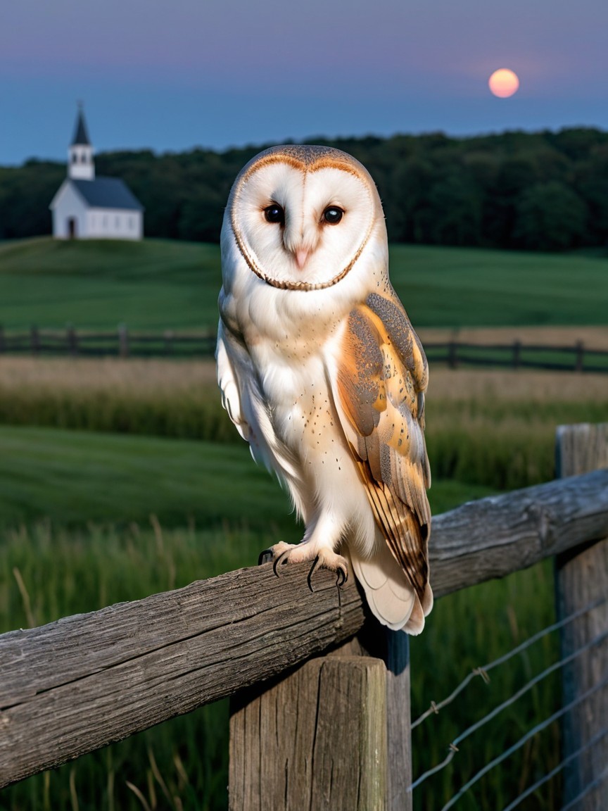 Barn Owl on Fence Post with Church and Moon Background