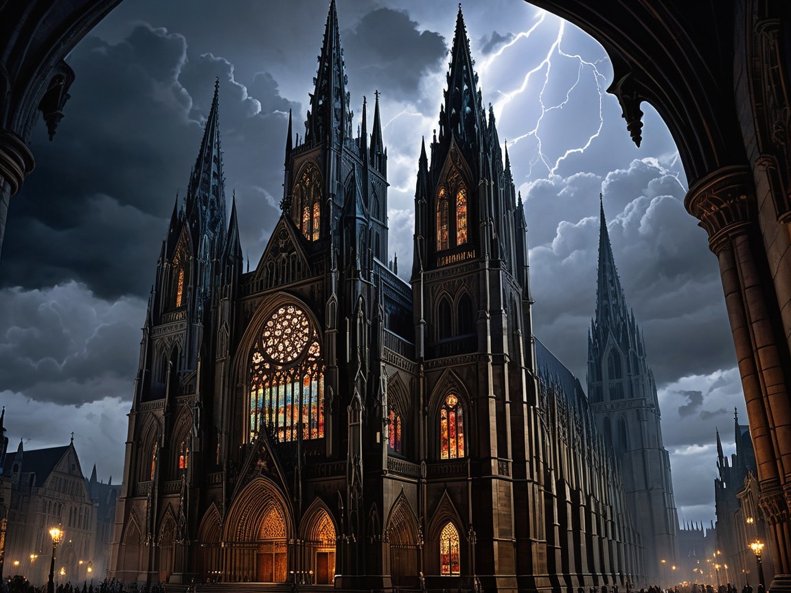 Gothic Cathedral Under Stormy Sky with Lightning