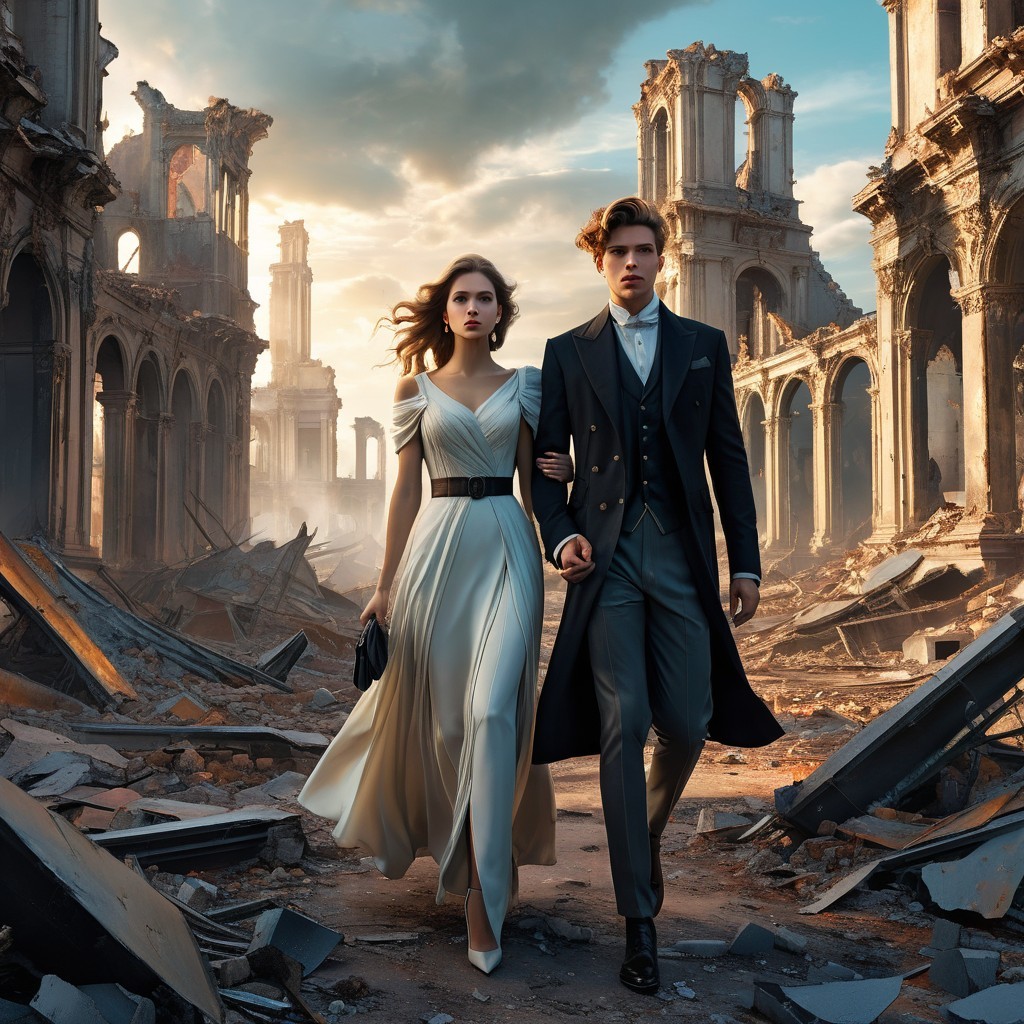 Elegant Couple in Ancient City Ruins Under Dramatic Sky