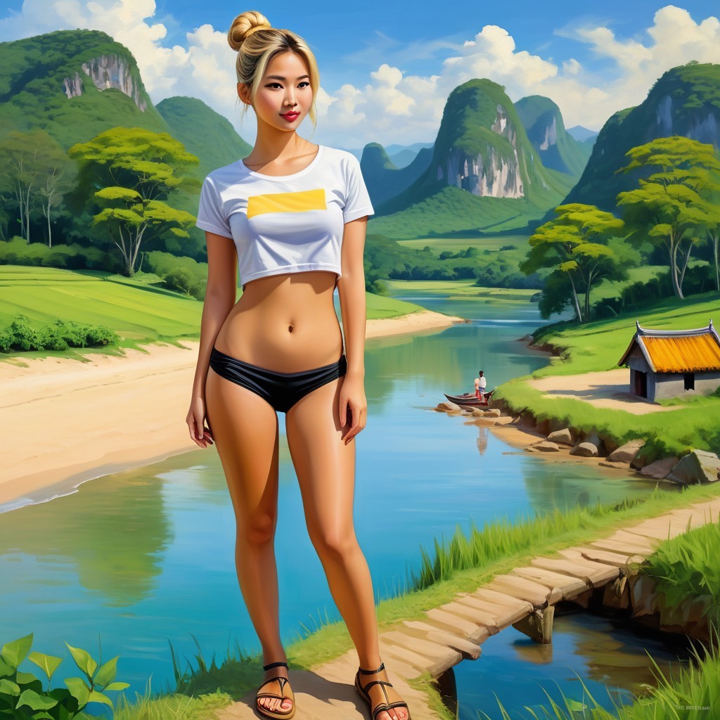 Young woman on wooden path by serene river landscape