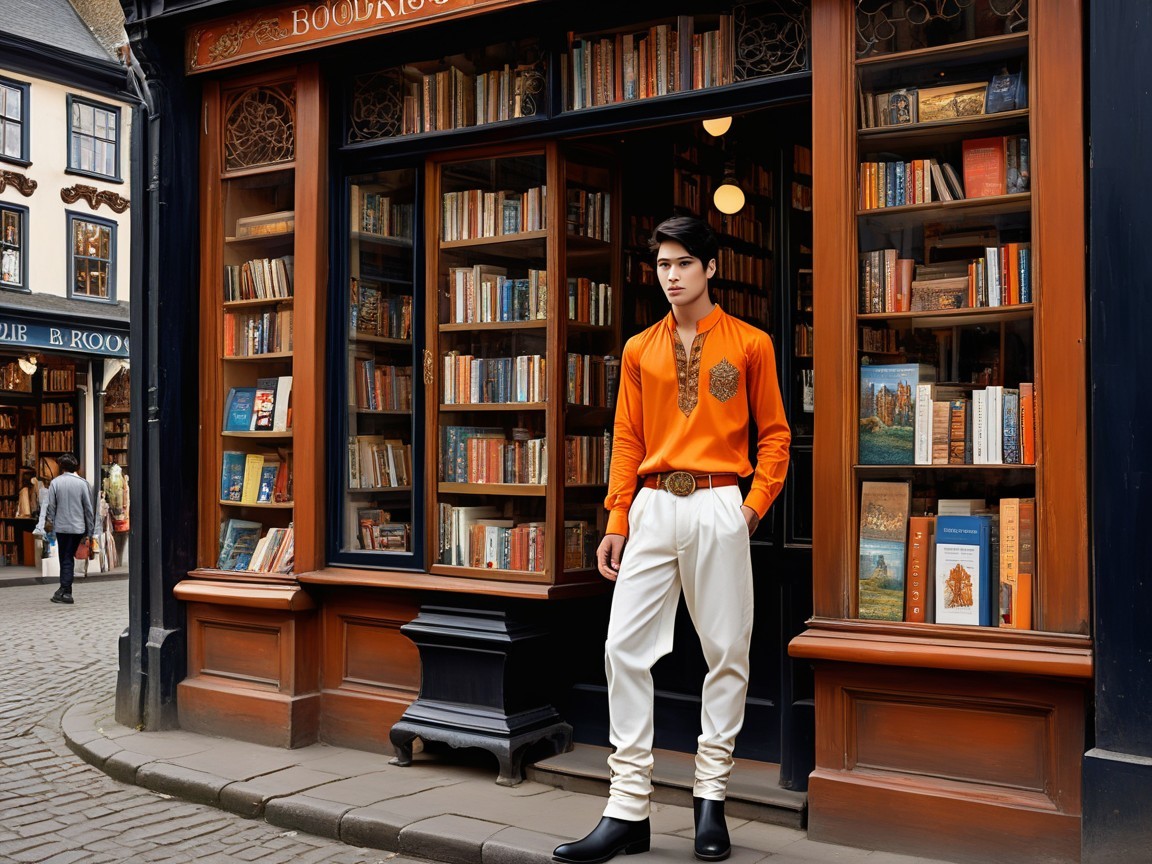 Stylish Young Man Outside Charming Bookstore