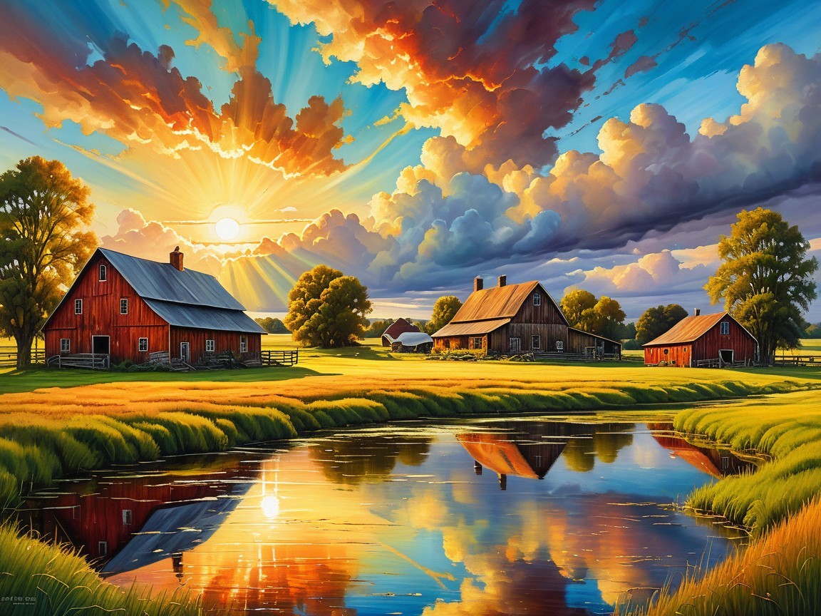 Rural Landscape with Red Barns and Sunset Reflections