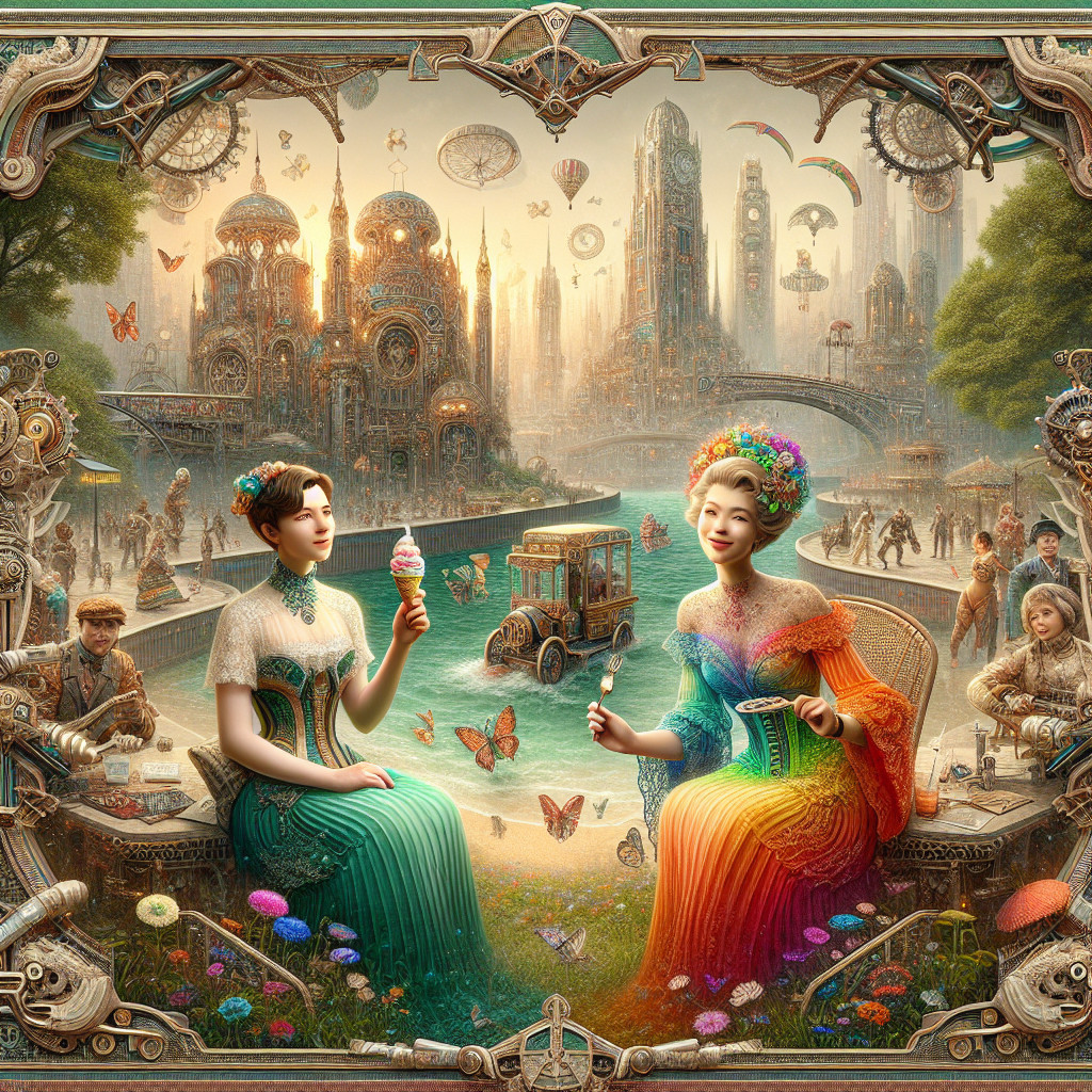 Steampunk Landscape with Women, Ice Cream, and Nature