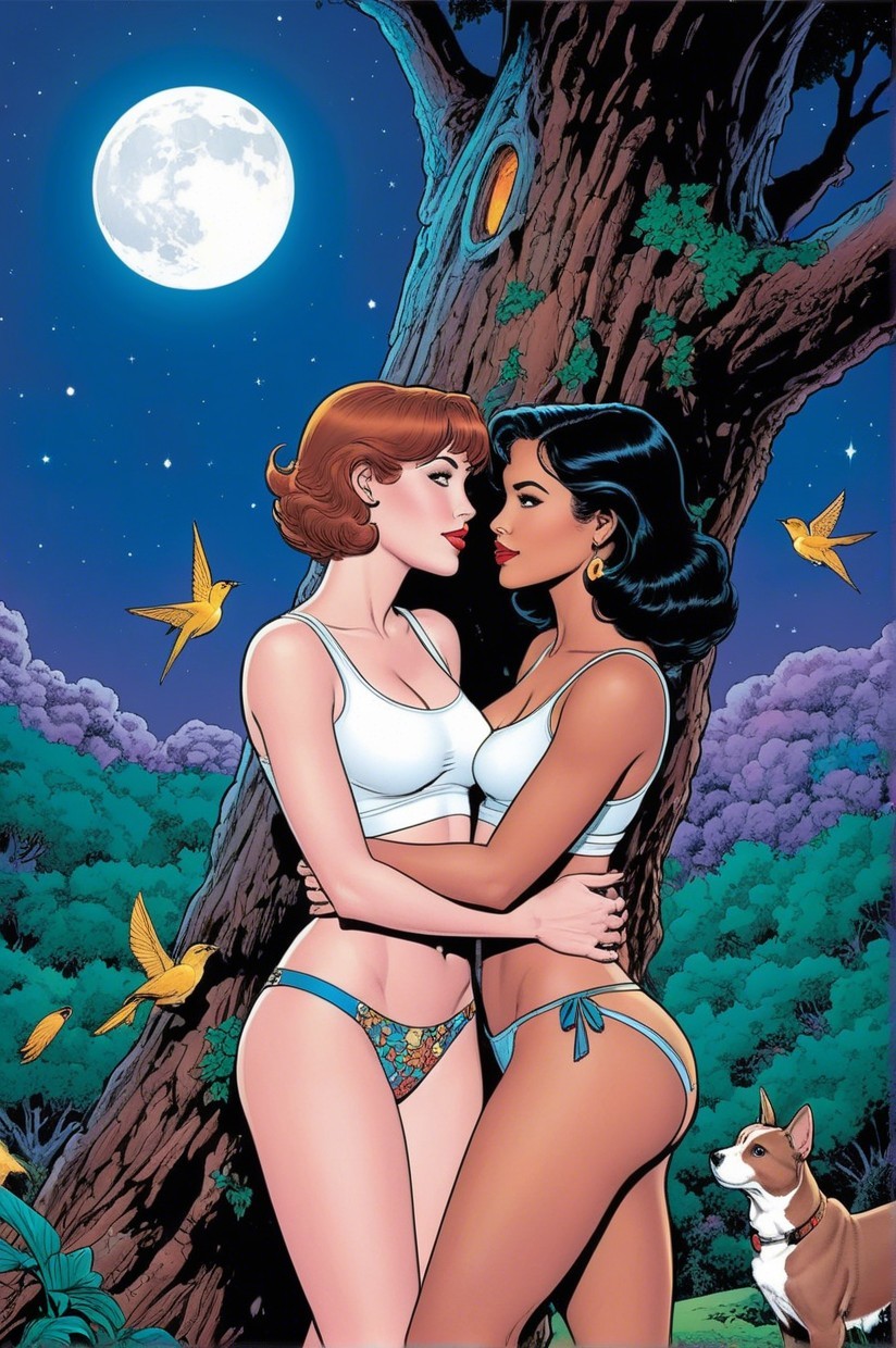 Two Women Embraced in a Lush Forest at Night