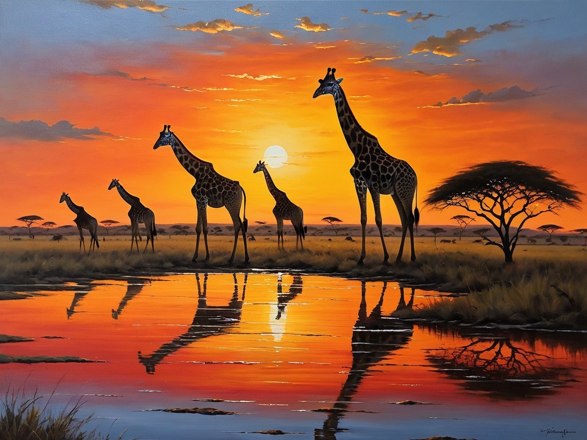 Serene Sunset Over Giraffes by a Tranquil Lake