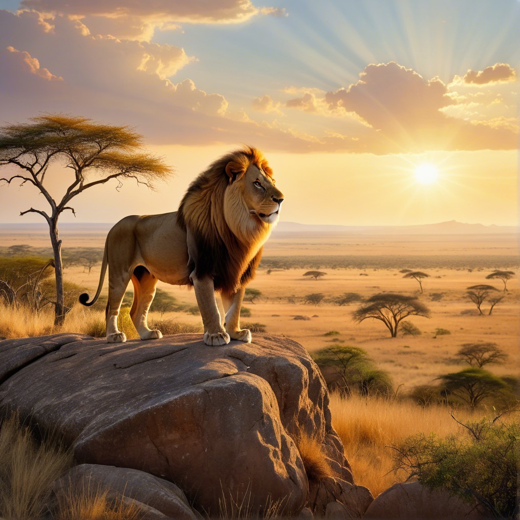 Adult Male Lion on Rock with Acacia Tree Background