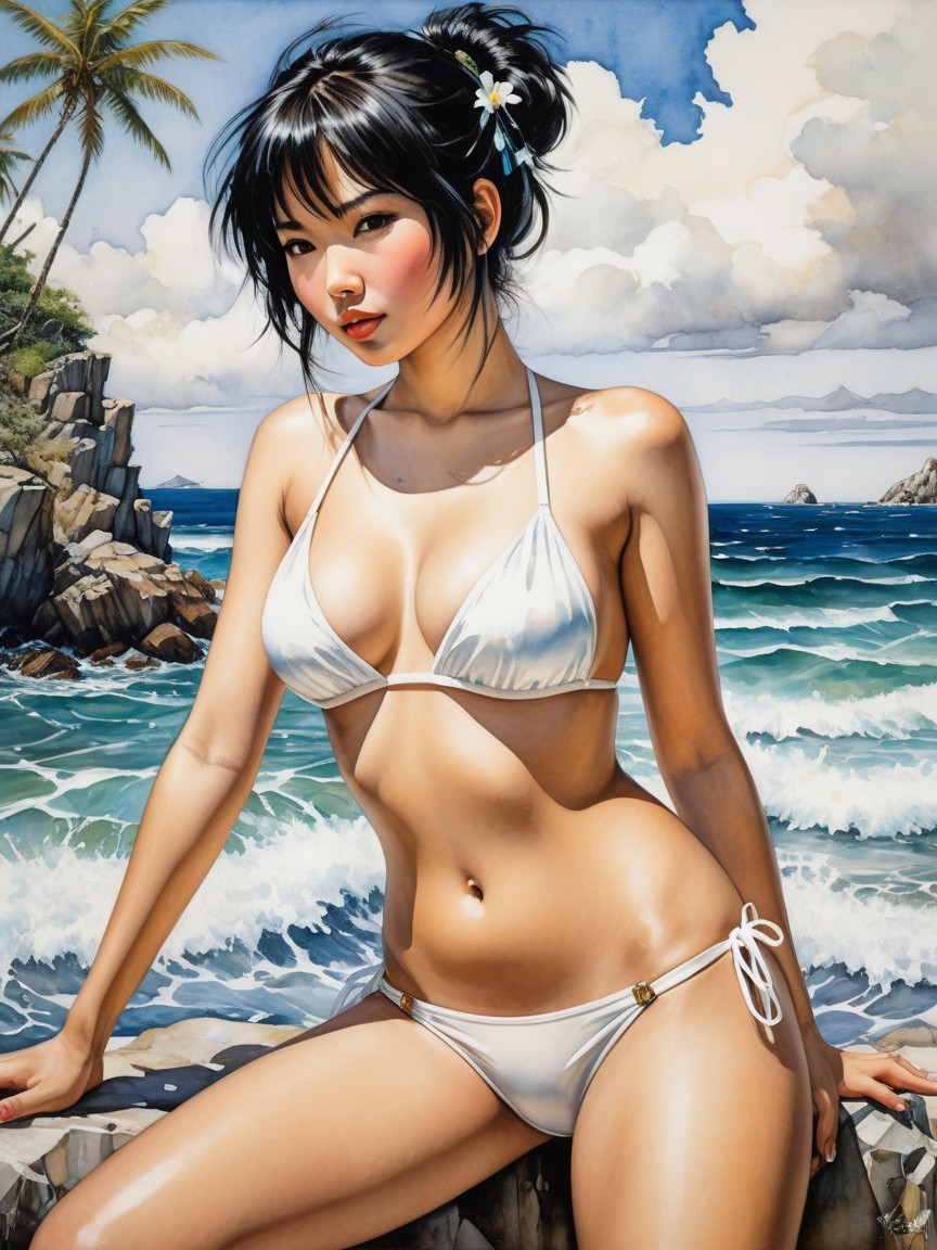 Young woman in white bikini on rocky shore with waves