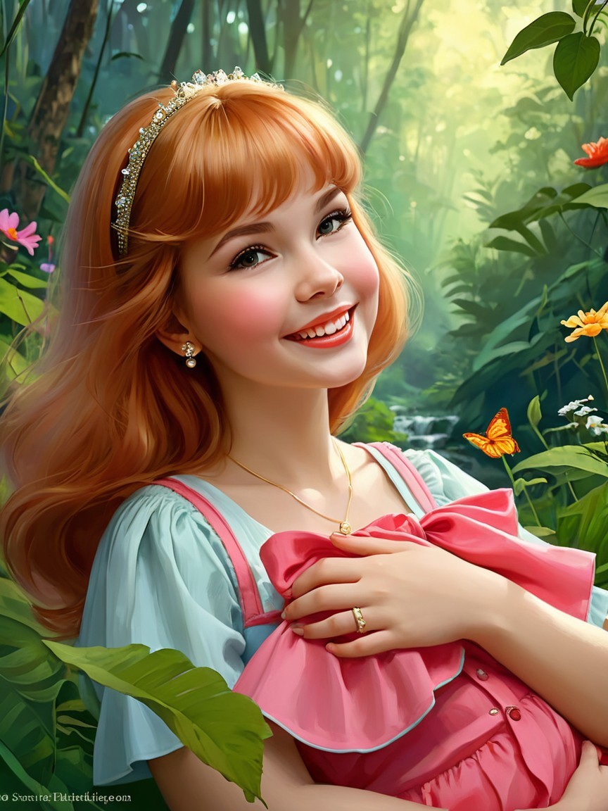 Cheerful young woman in a pink dress in a forest