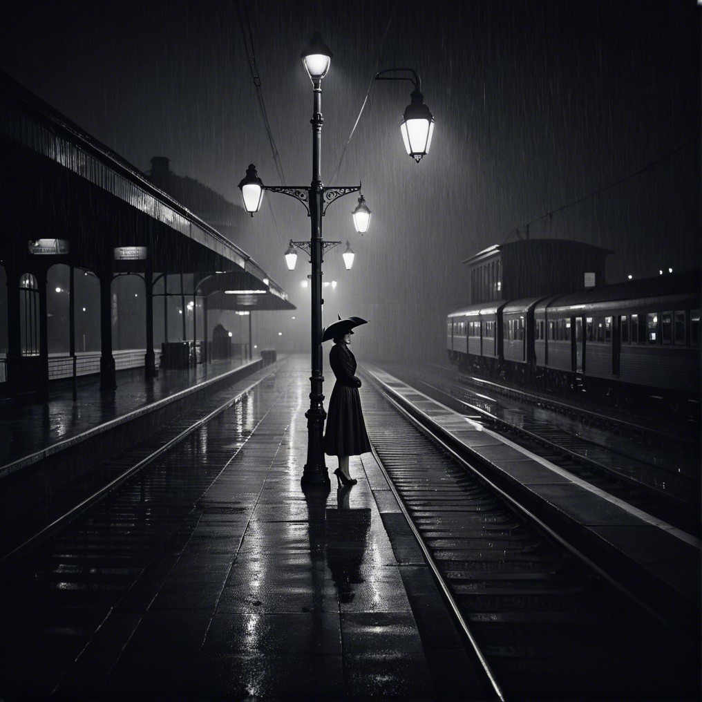 Solitary Figure at Rainy Train Station with Lamplight