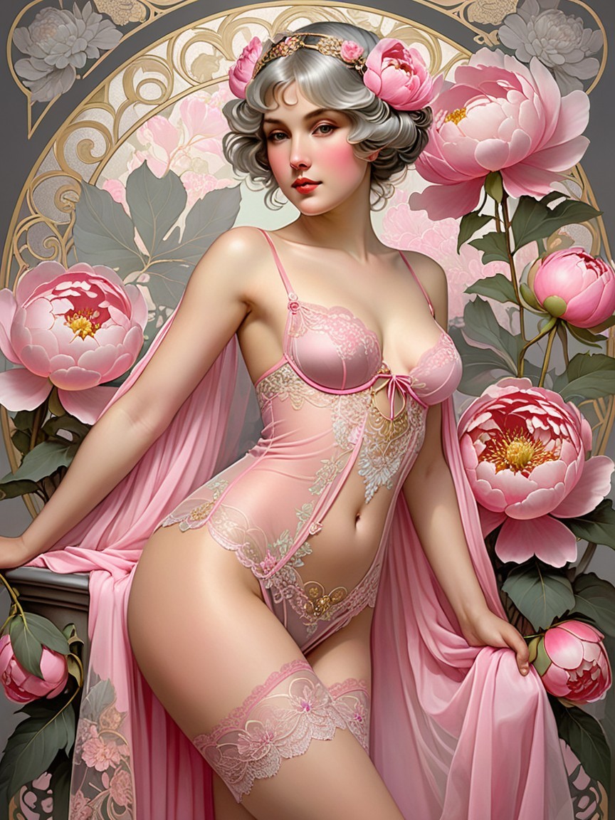 Elegant Lingerie and Peony Flowers Art Description
