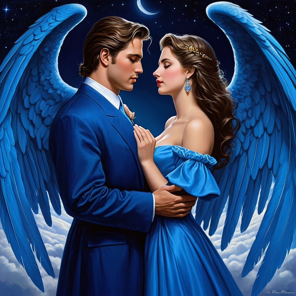 Couple Embracing Under Night Sky with Wings and Moon