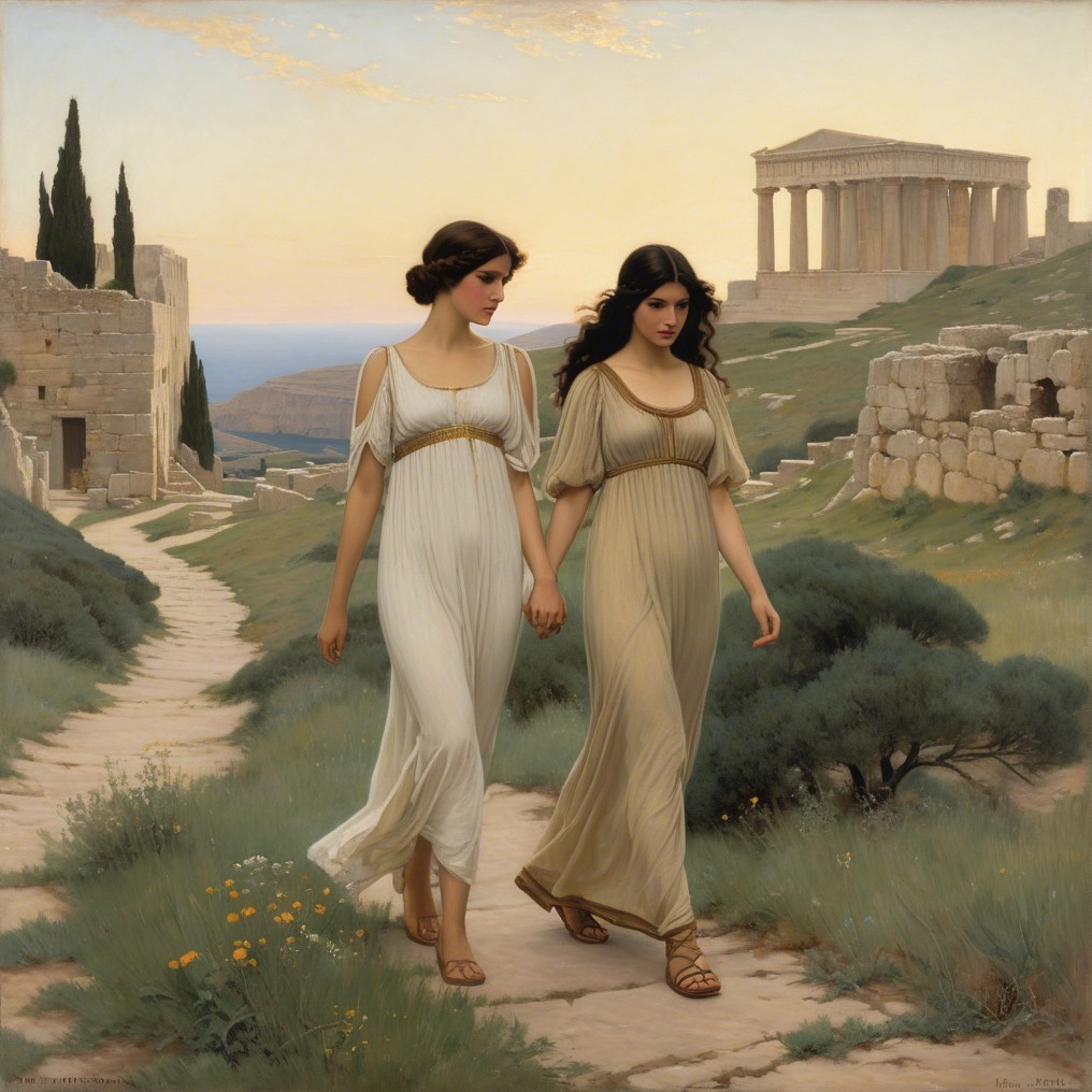 Elegant women in classical dresses amidst ancient ruins