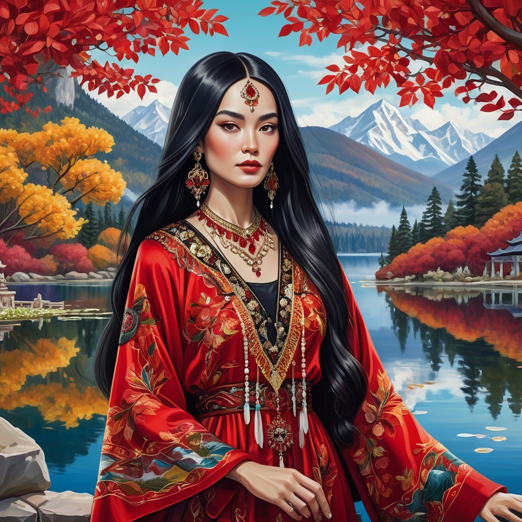 Woman in Red Dress by Serene Lake with Mountains