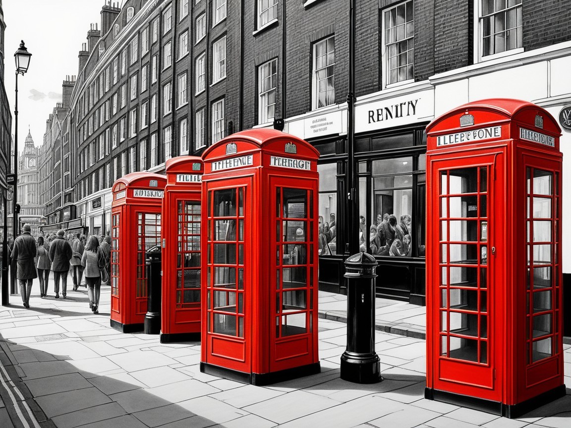 Vibrant Street Scene with Red Telephone Boxes and Cobblestones