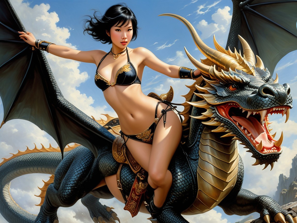Young woman on black dragon in dramatic sky scene
