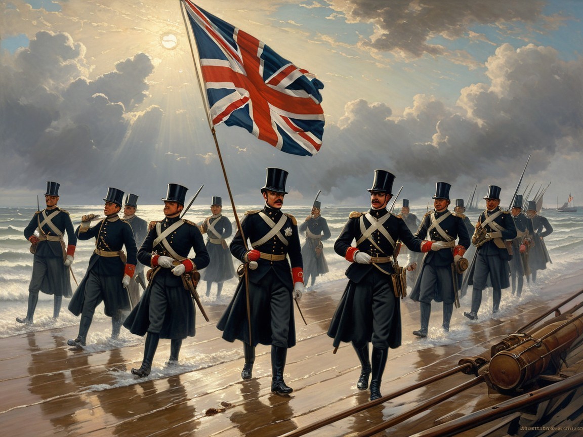 British Soldiers Marching on Sandy Beach with Flag