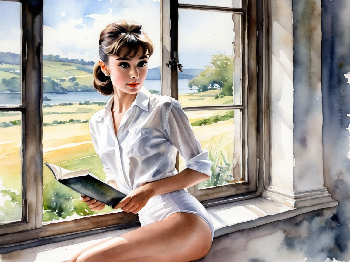 Watercolor Painting of Woman on Window Sill