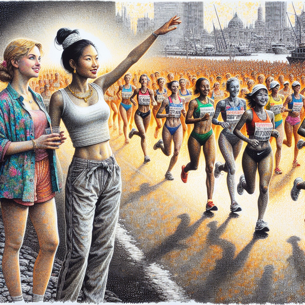 City Marathon with Diverse Female Runners and Landmarks