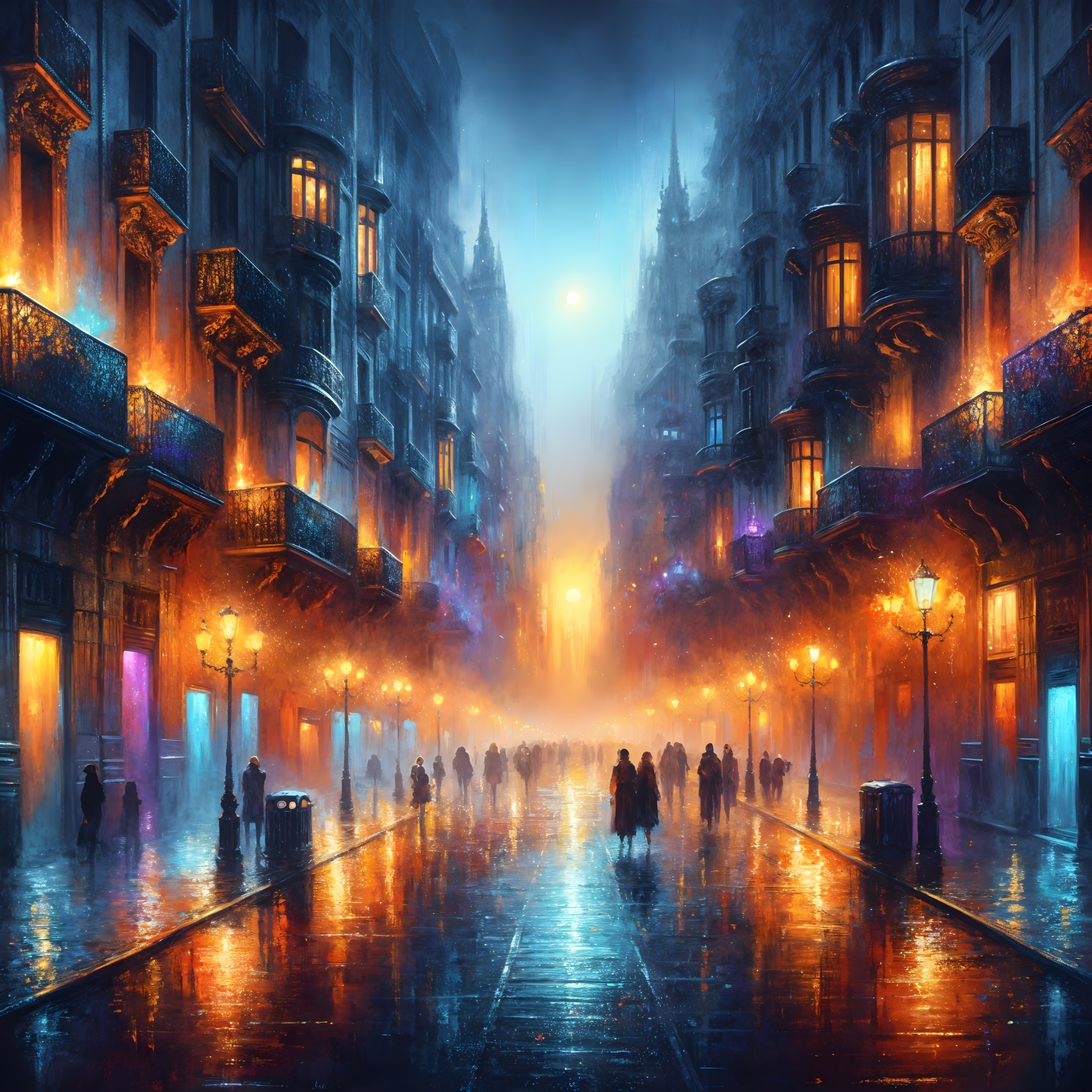 Dimly Lit Urban Street with Colorful Reflections