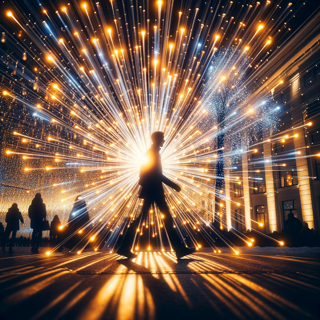 Silhouetted Figure Approaching Bright Lights and Patterns