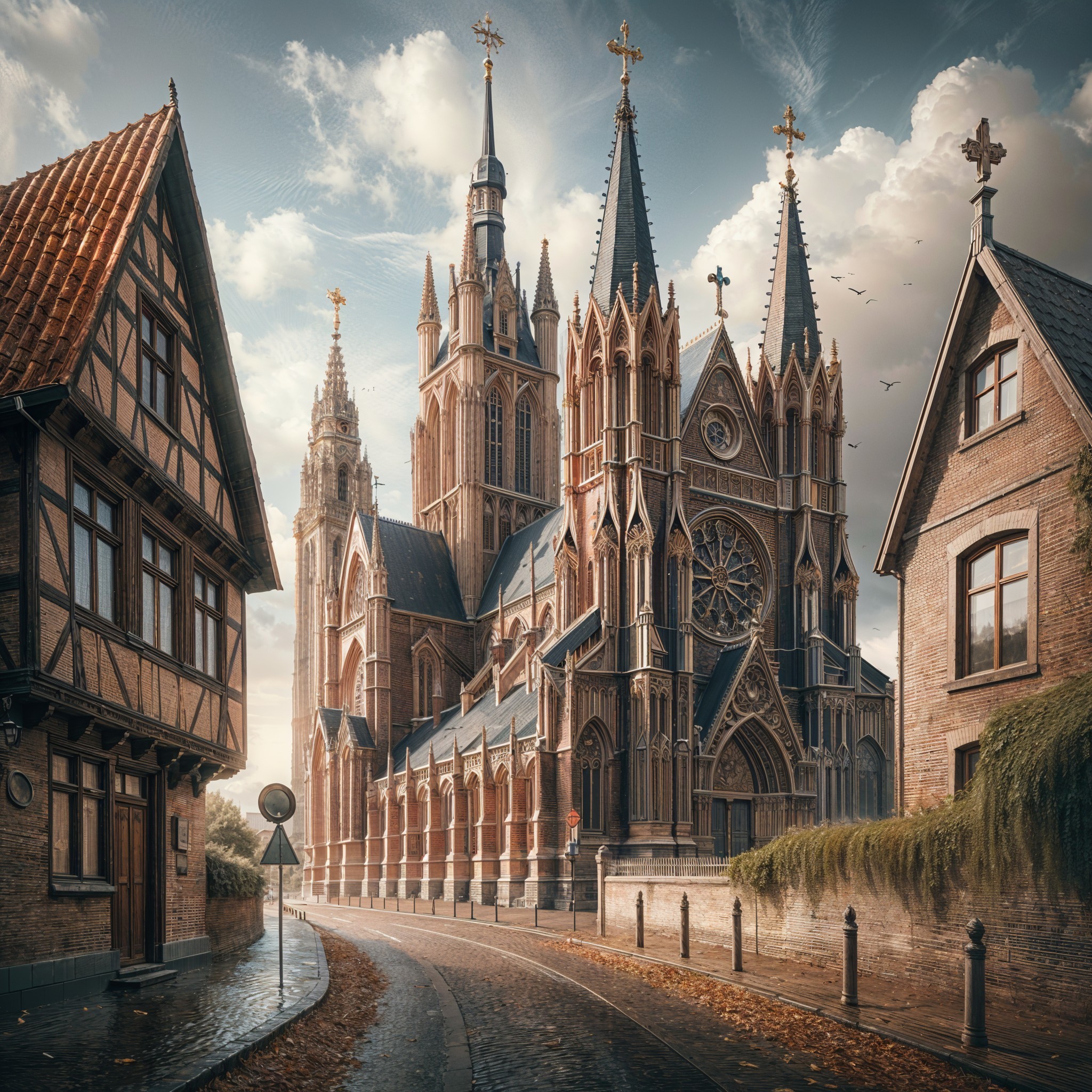 Gothic Cathedral Surrounded by Cobblestone Streets