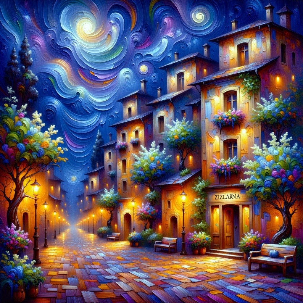 Dreamlike Street Scene with Colorful Buildings and Lights
