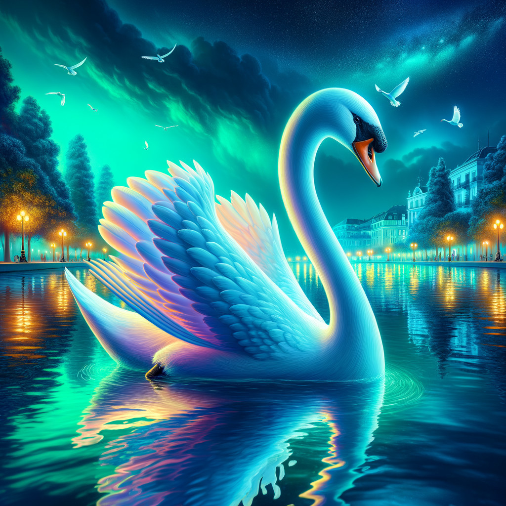 Luminous Swan on Tranquil Lake Under Starry Sky