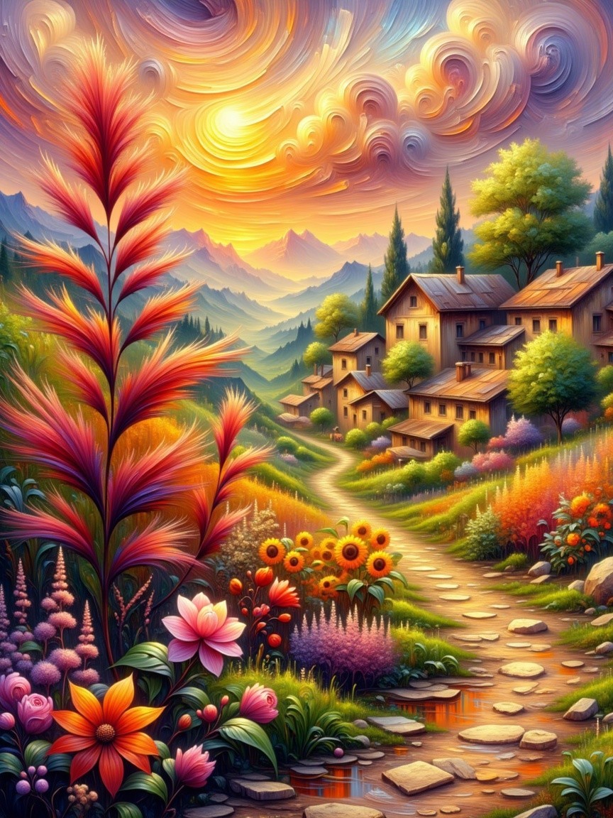 Vibrant Landscape with Charming Houses and Sunset Sky