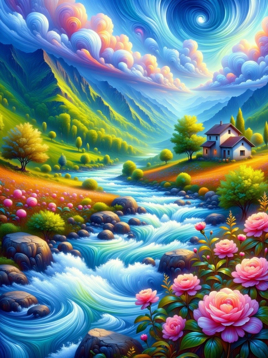 Vibrant Landscape with Rolling Hills and Serene River