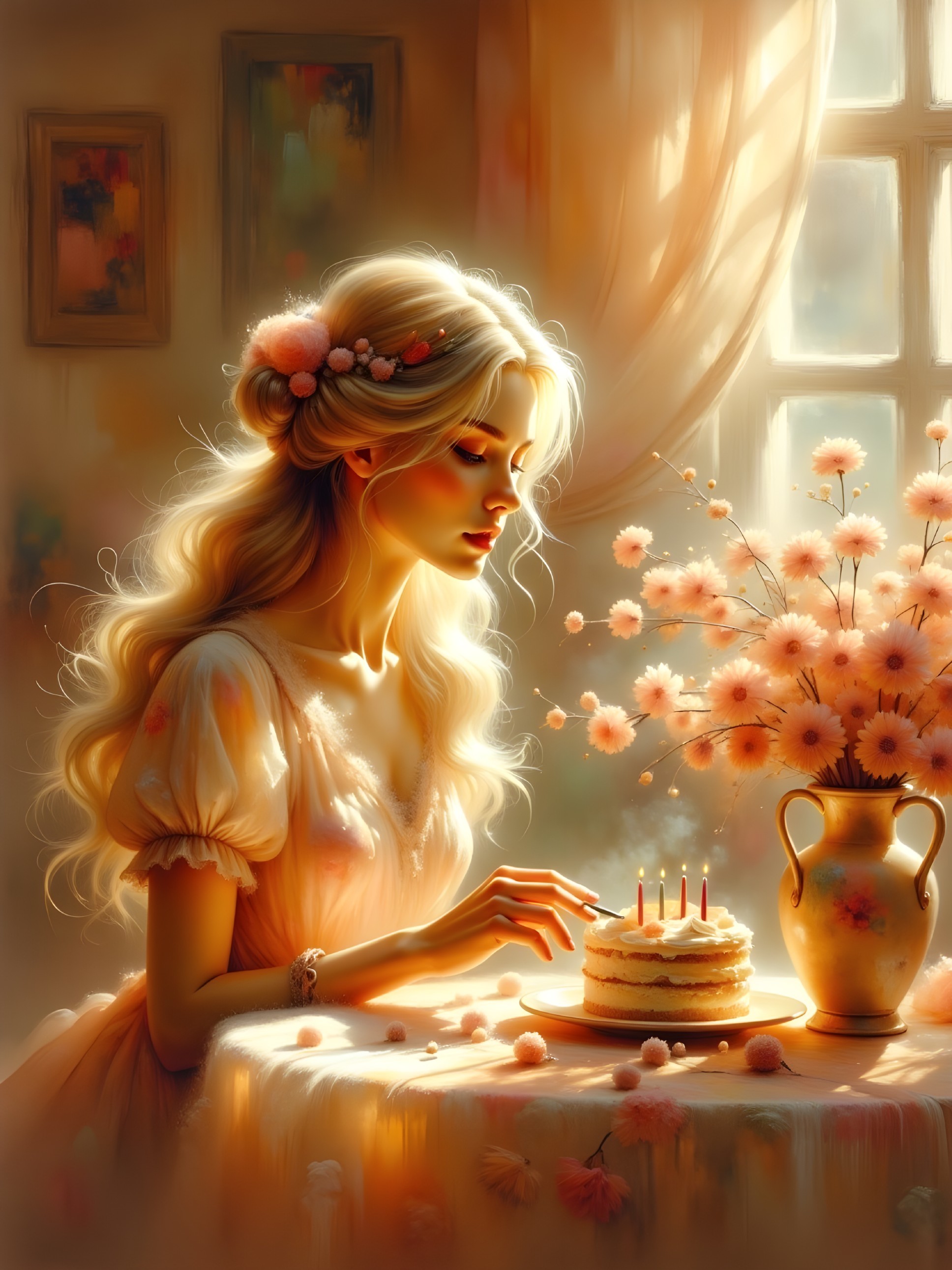 Young Woman Decorates Cake with Flowers and Candles