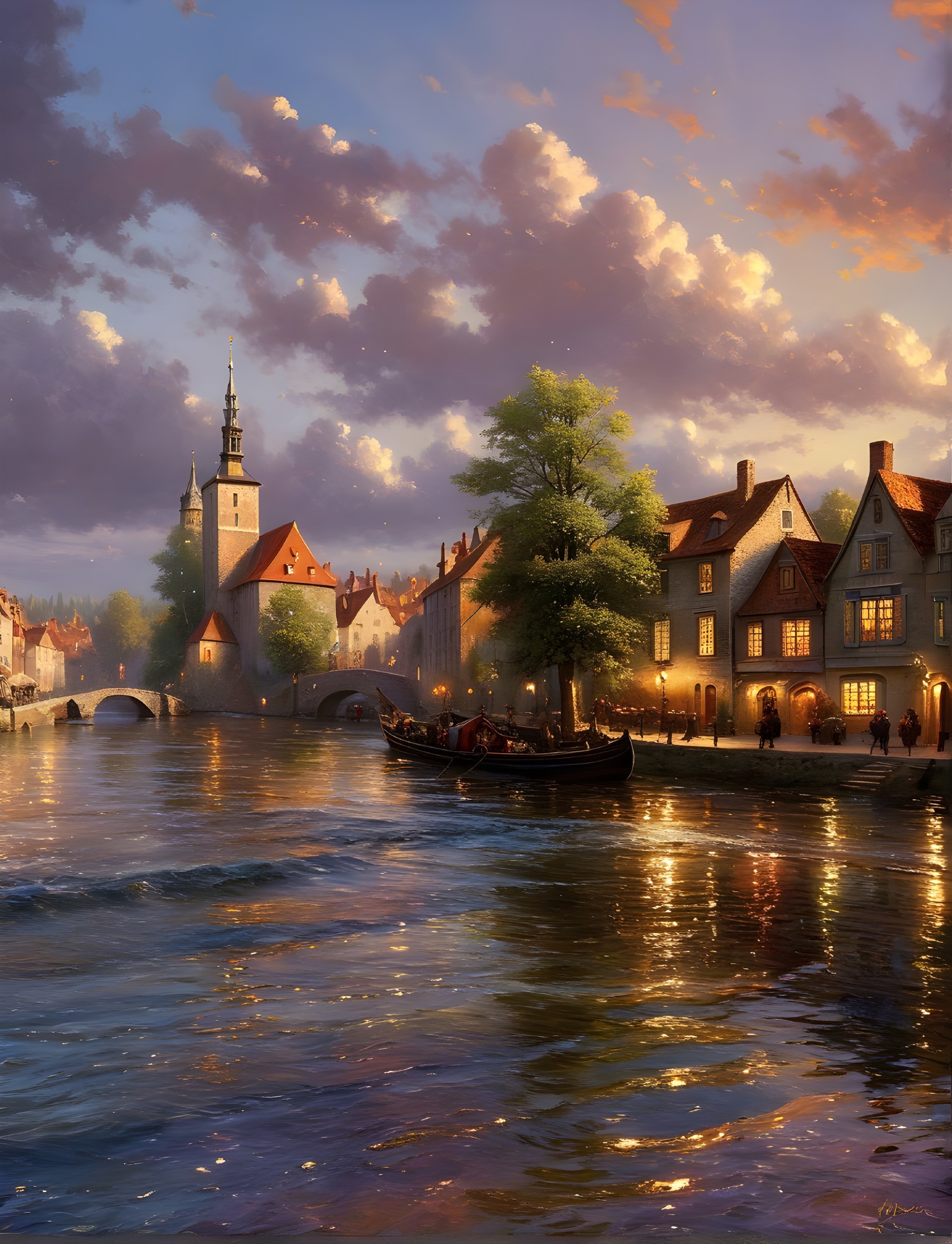 Twilight Riverside Scene with Quaint Buildings and Boats