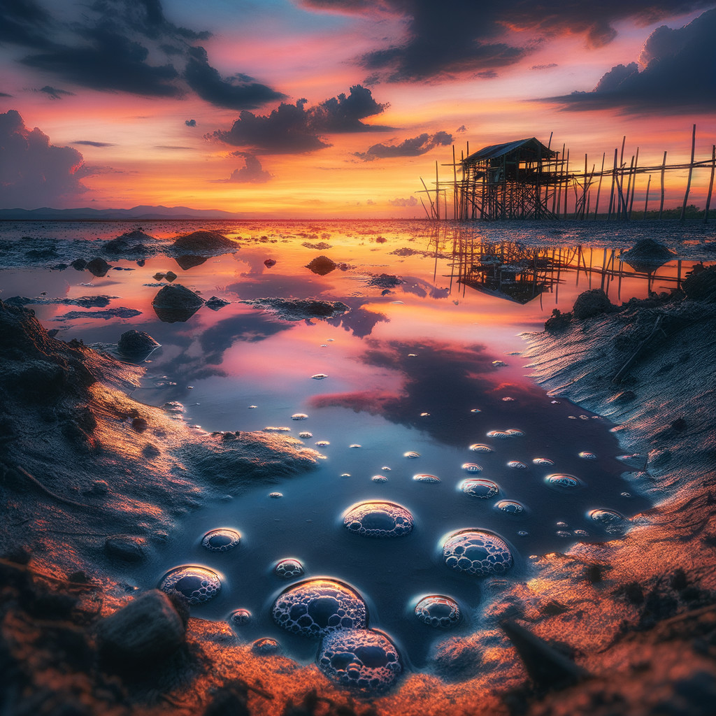 Serene sunset with vibrant colors and rustic structure