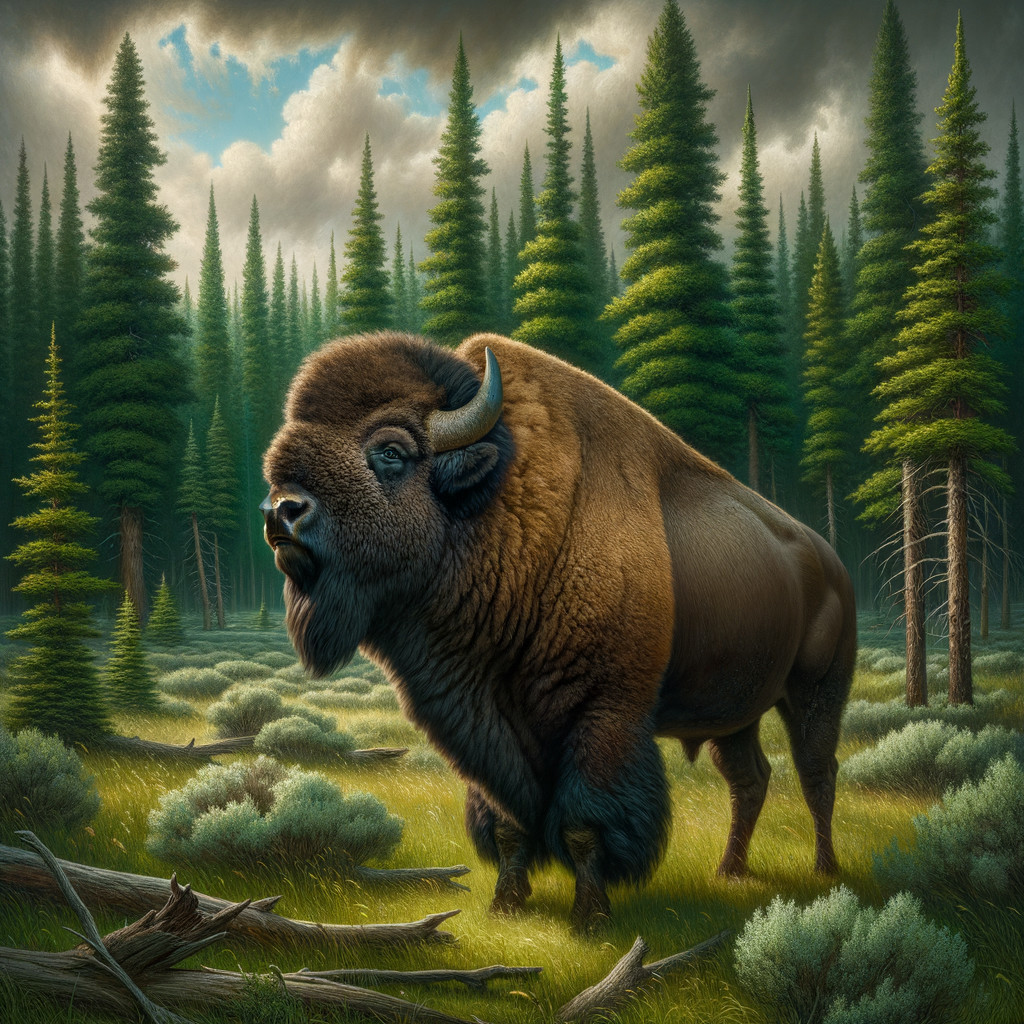 Bison in a Lush Forest with Towering Pine Trees