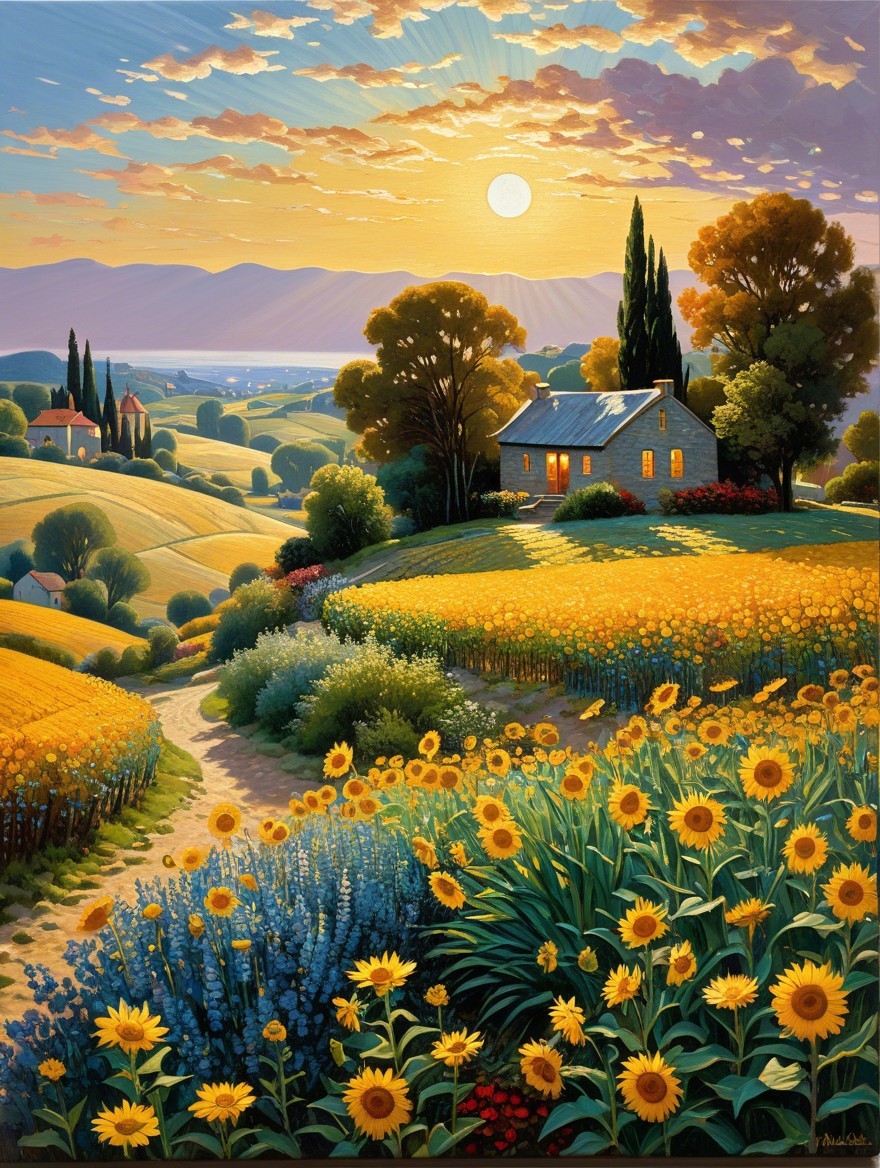Tranquil Landscape with Sunflowers and Cottage