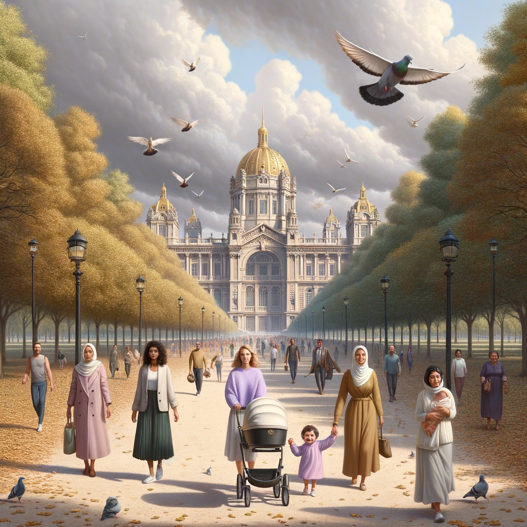 Bustling Park Scene with People and Ornate Building