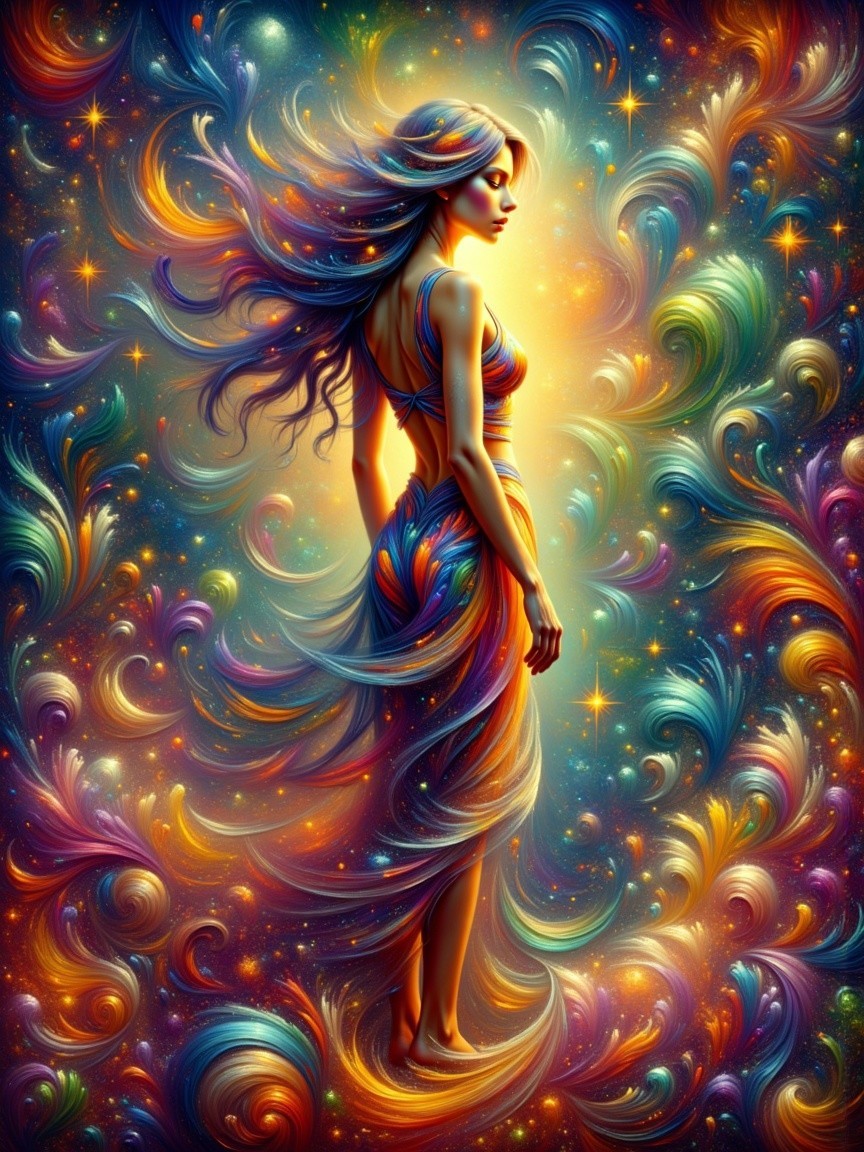 Ethereal Figure Amidst Vibrant Cosmic Background