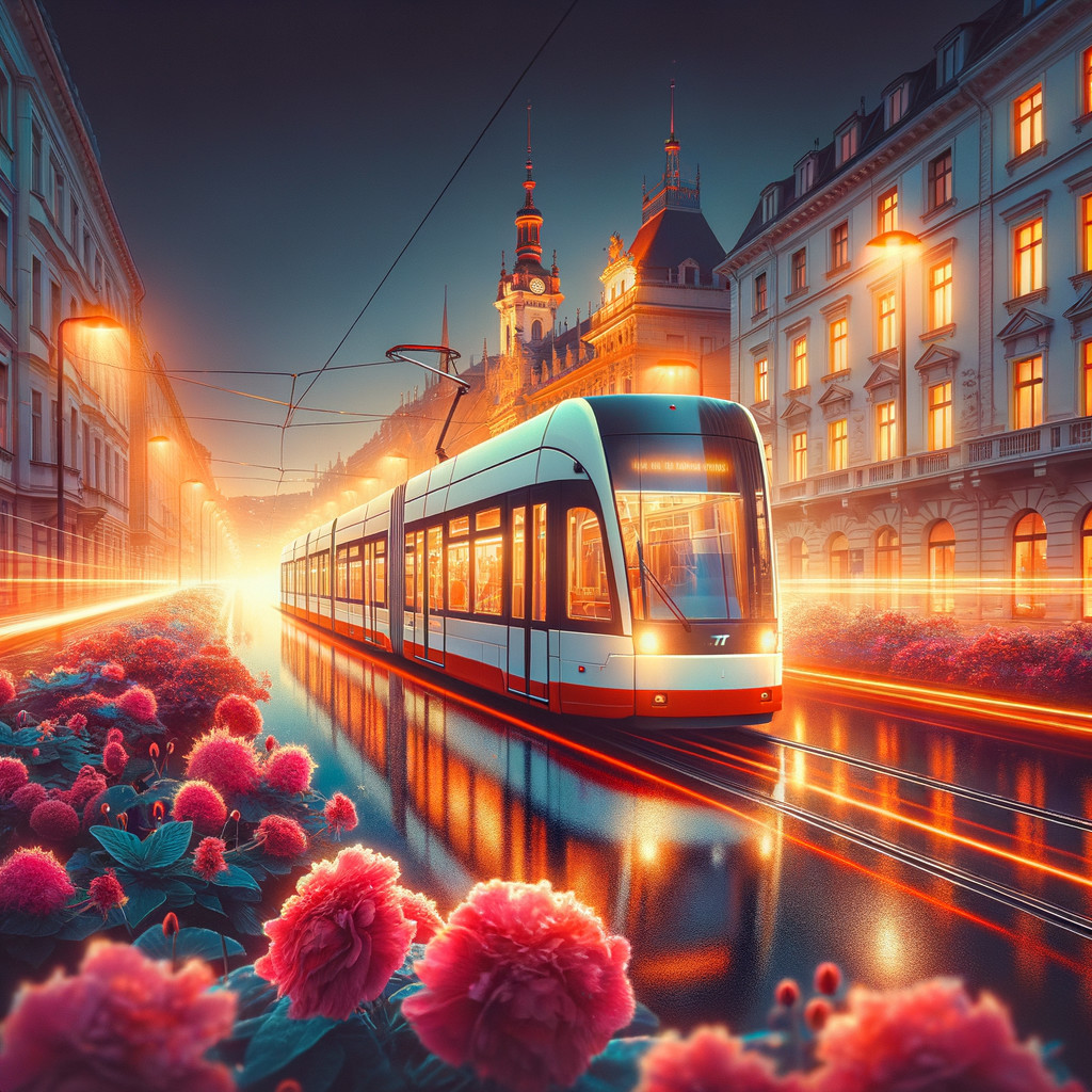 Modern Tram on Vibrant City Street at Night