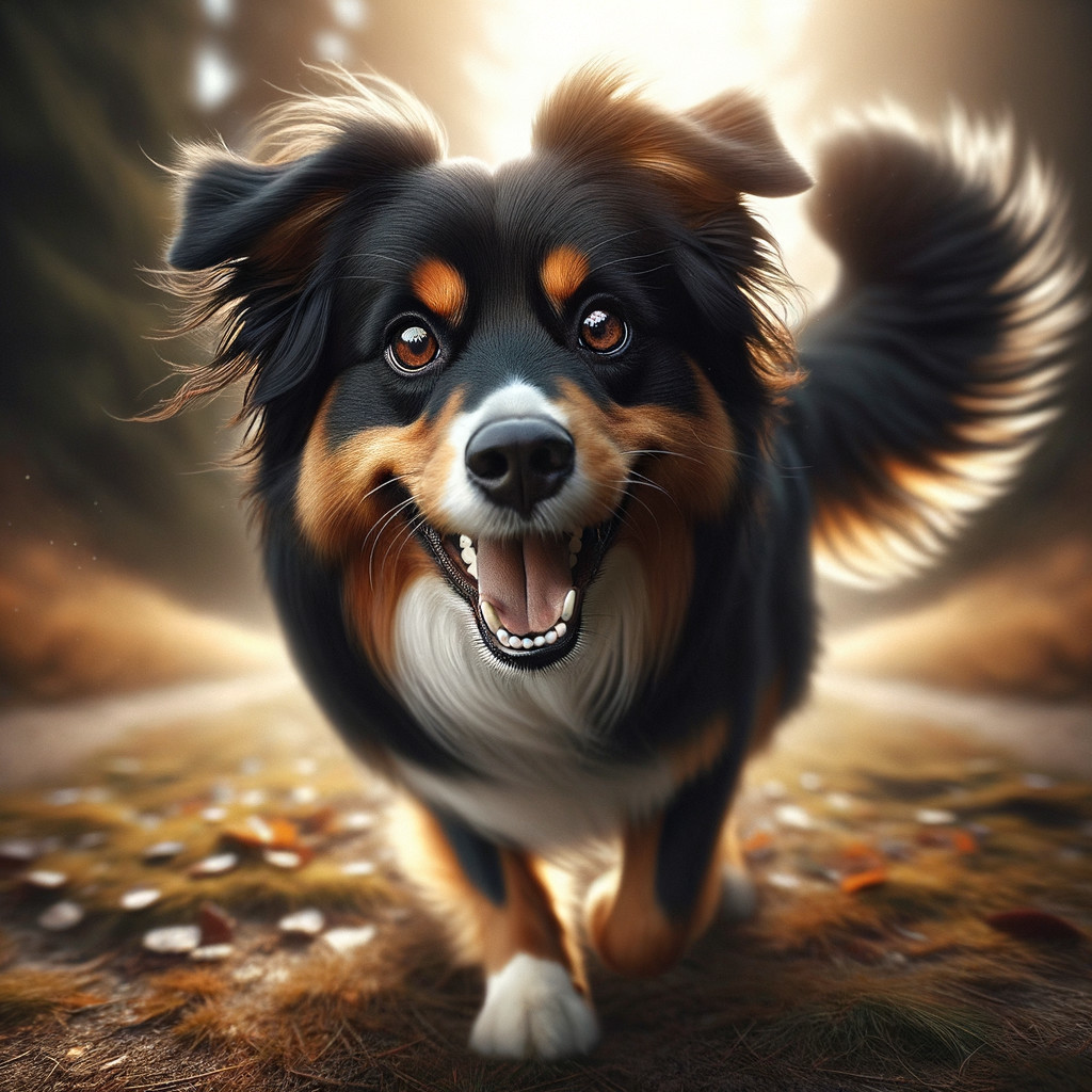 Cheerful Dog Jogging on Sunlit Forest Path