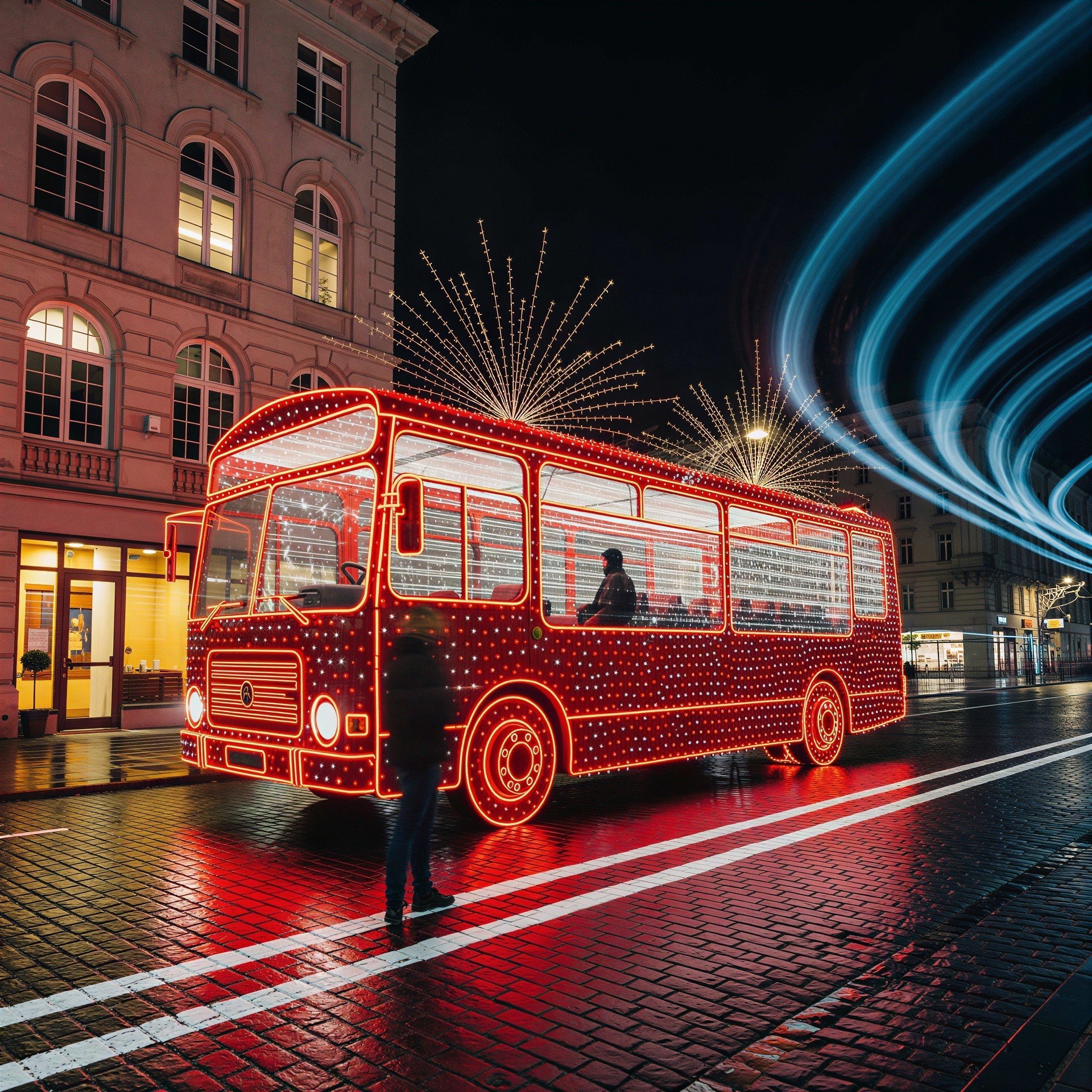 Long Exposure Night Photo of a Red Bus on Cobblestones