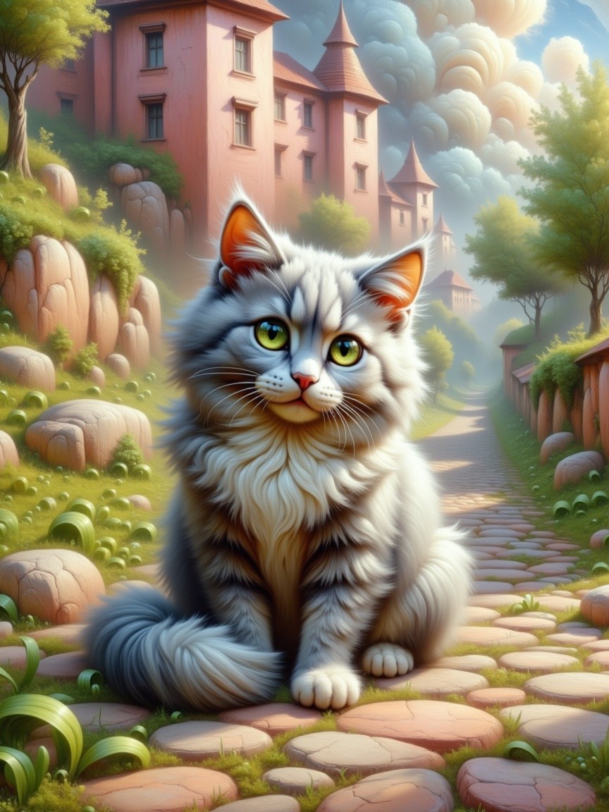 Fluffy Cat on Cobblestone Path in Enchanting Landscape