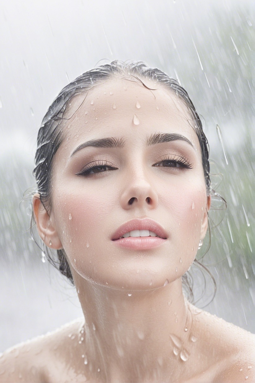 Young woman in gentle rain with serene expression
