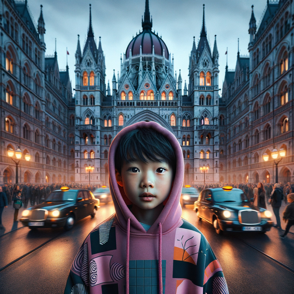 Child in Colorful Hoodie with Historic Building Background